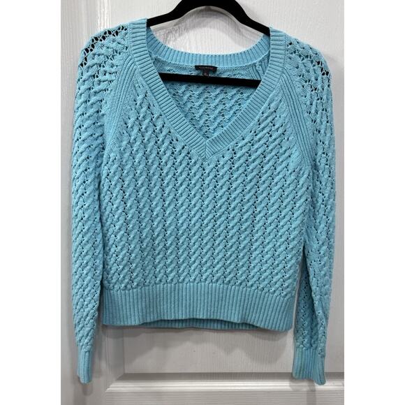Talbots Sweaters - Talbots Women’s Medium Blue 100% Cotton Cable Knit V-Neck Sweater Thick EUC